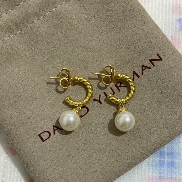 Petite Solari 18K Yellow Gold Pearl and Pave Diamond Hoop Earrings - Picture 1 of 5